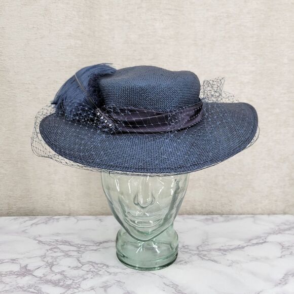 Mr Charles Vintage Navy Feathered Women's Hat With Net Veil Church Derby Straw - Picture 7 of 14